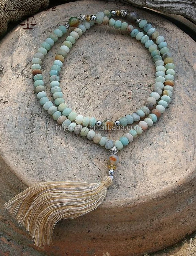 

Frosted amazonite mala beads yoga jewelry amazon stone bohemian prayer mala necklace with tassel