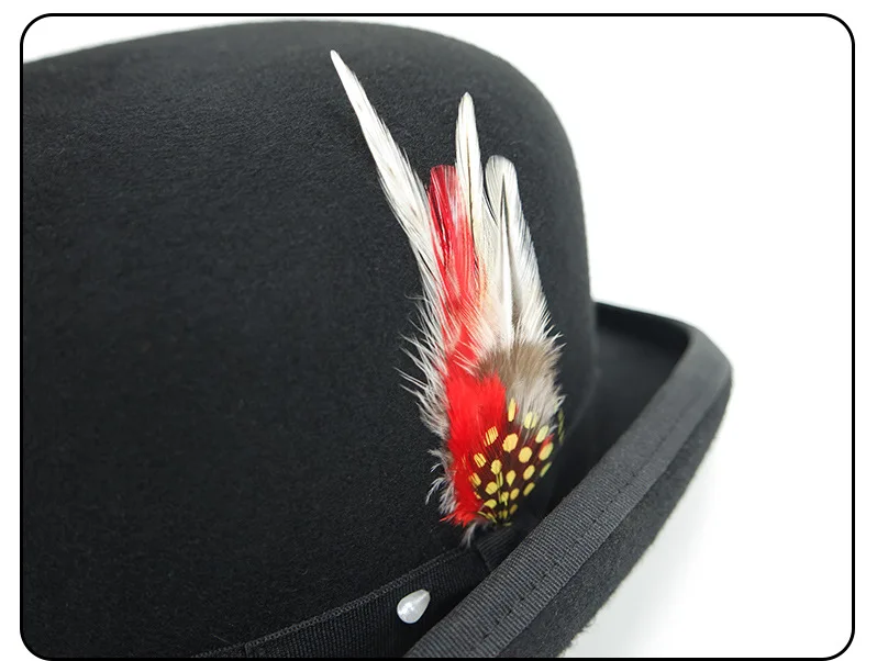 
High Quality America Music Festival Black Hard Wool Felt Bowler Hat with Feather 