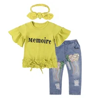 

Spring ruffle t shirt sequin jeans 2pcs set boutique children kids clothes baby girl clothing