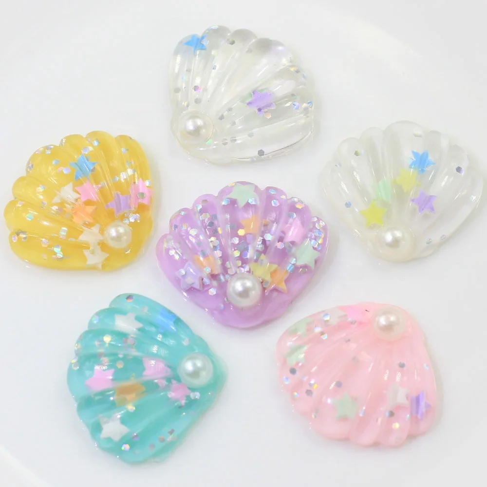 

Cute 100pcs Resin Glitter Shell Artificial Flatback Cabochon Cloud With Star Cabochons For Sea Theme Home Decor Earring