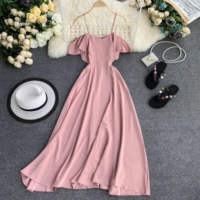 

Maldives holiday fashion women garment pure color flounce beach maxi dress