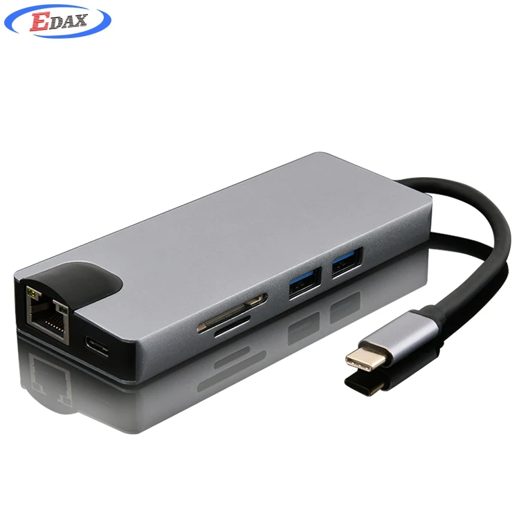 

New Design Usb Por Hub Type-C Hub Usb 3.0 Hub With UHD A with Gigabit LAN with HDM I+ VGA + USB3.0 + SD + TF + PD, Silver