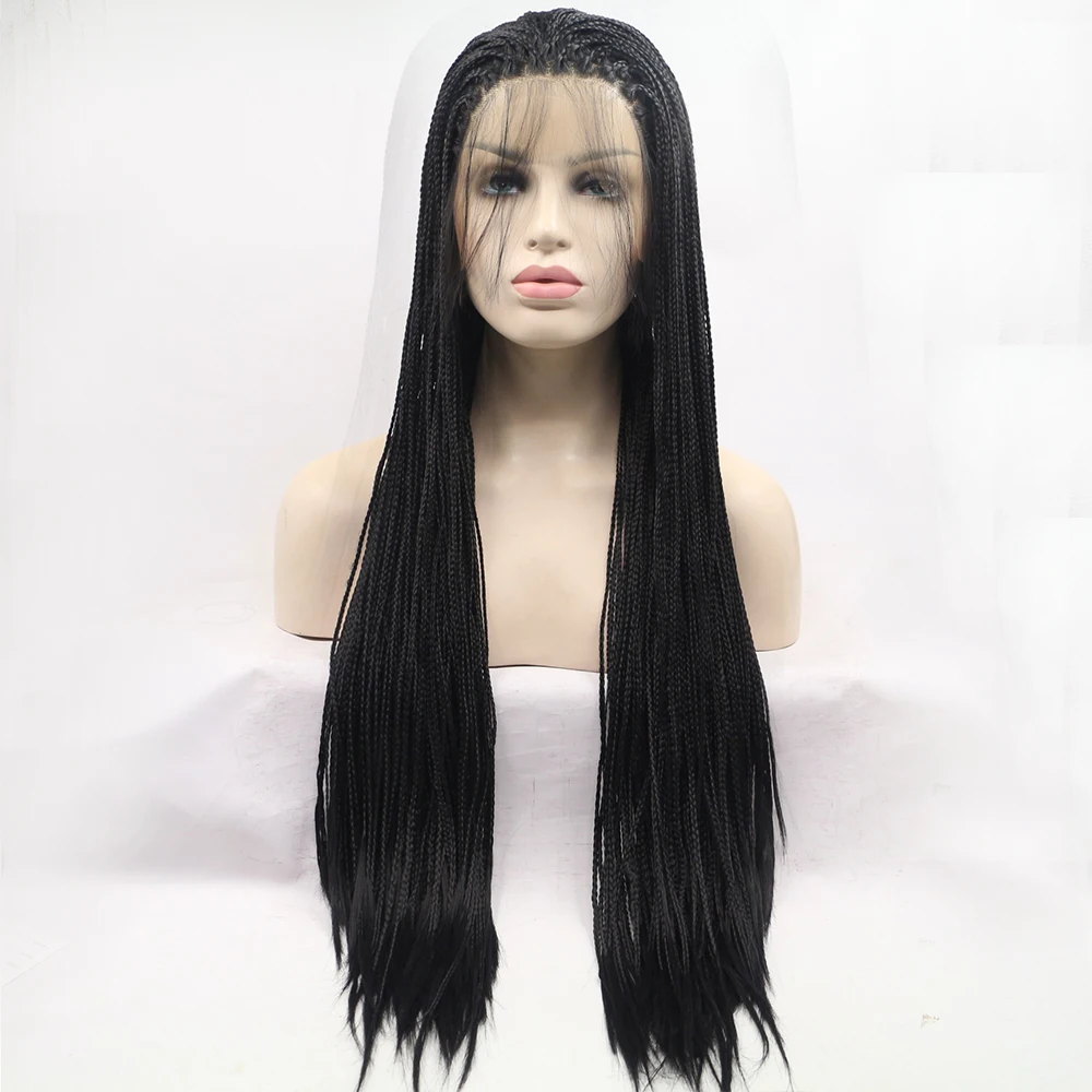 

Heat Resistant synthetic Handmade collection long braided lace Front wig for black women #1b 26 inches, As picture