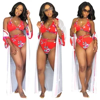 

Newest Women Red Floral Printed 3 Pieces Bathing suit Halter Neck Bikini with Long Maxi Swimwear Cover up Set