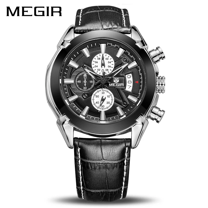 

Wholesale Top Brand Luxury Megir 2020G Genuine Leather Strap Waterproof Army Analog Chronograph Hand Watch Man