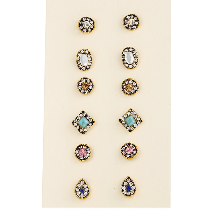 

6 Pairs/Set Fashion Vintage Gold Color Colorful Crystal Punk Stud Earrings Set For Woman Jewelry (KES053), Same as the picture