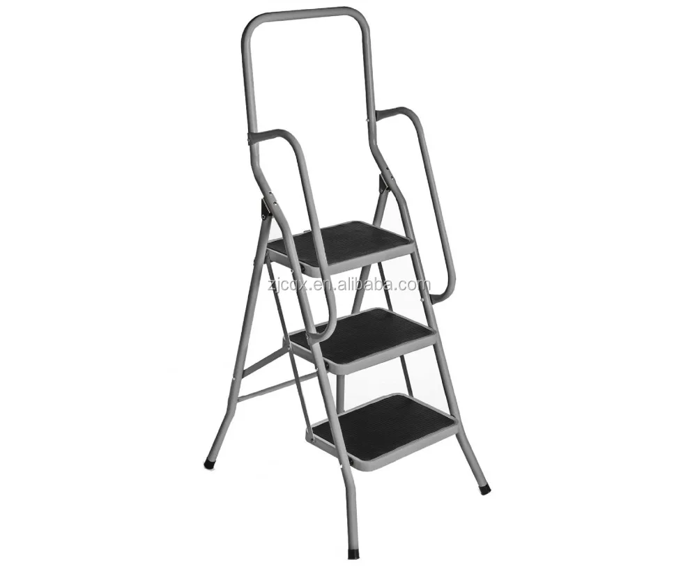 Folding 3 Step Ladder Steel Non Slip Tread Safety Ladders with Rail Handrail Hot