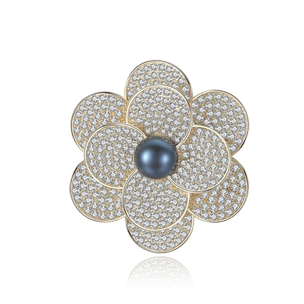 

CZCITY Black Pearl Bride Bouquet Big Size Beautiful Flower Gold Color Woman Wedding Brooch Pin Brooch