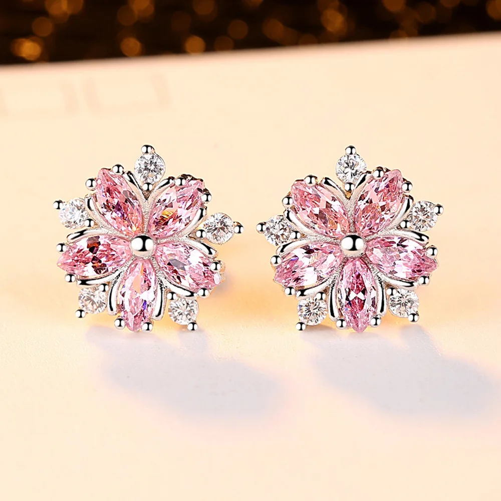 

Good Quality Cute White Gold Plated Cubic Zirconia Pink Cherry Blossom Flower Earrings Crystal Sakura Flower Stud Earrings