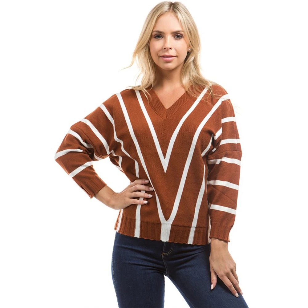 

2019 AUTUMN Wholesale Striped V Neck Pullover Cashmere Women' Sweaters On Sale, Green;caramel