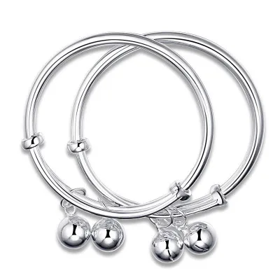 

925 Sterling Silver Smooth Bell Adjustable Bangle Bracelet And Anklets For Baby Kids, Picture