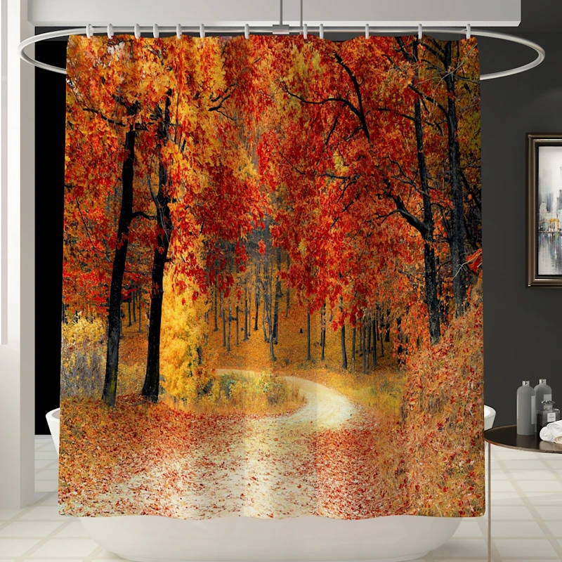 Maple Leaf Printing Toilet Pad Cover Bath Mat Shower Curtain Set for Bathroom Decoration