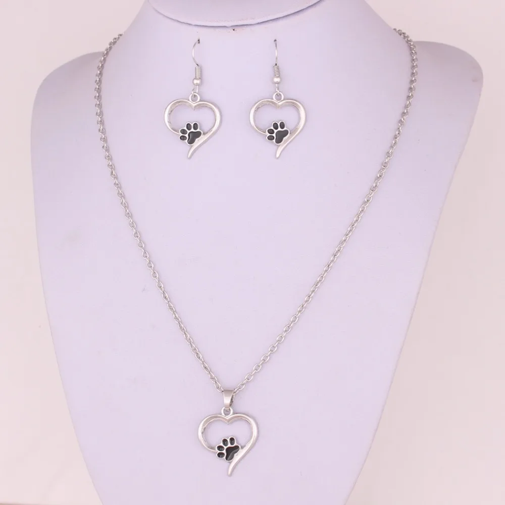 

Silver Forever Love Heart Puppy Paw Pendant Necklace Earring Jewelry Sets, Picture