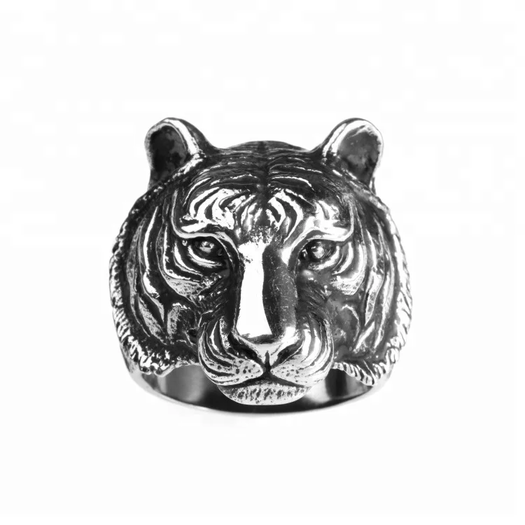 

Wholesale New Arrival Mens Punk Fashion 316L Stainless Steel Tiger Head Rings, Silver+black
