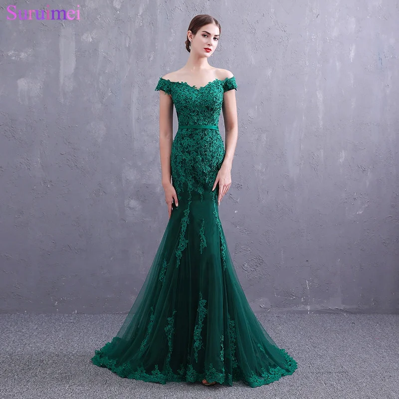 

Real Photos Emerald Green Evening Dresses Small V Neck Cap Sleeves Fashion Lace Applique Buttons Back Tulle Mermaid Evening Gown