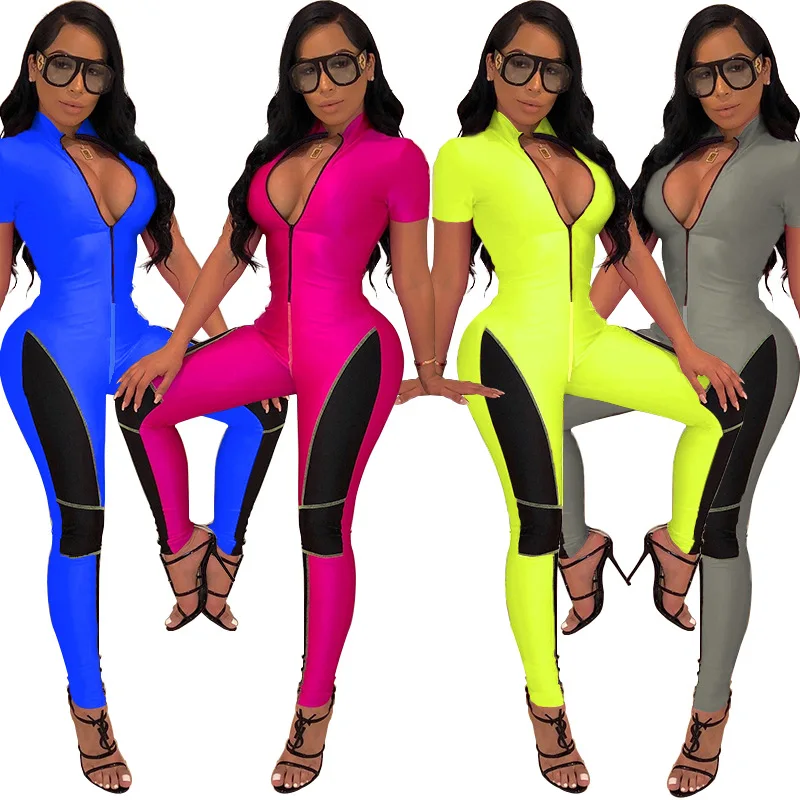 

Wholesale 2019 hot sale sportswear women short sleeves and long pants yogawear deep v neck zipper bodycon jumpsuits, Photos show