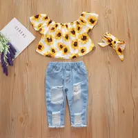 

Children Girl Yellow Sunflower Off the Shoulder Crop Top +Light Blue Distressed Jeans +Headbow 3 pcs Kids Girl Clothing Set