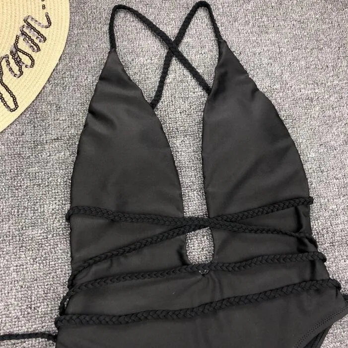 Latest Selling Sexy Beach Bikini Solid Color Sling Deep V-neck One ...