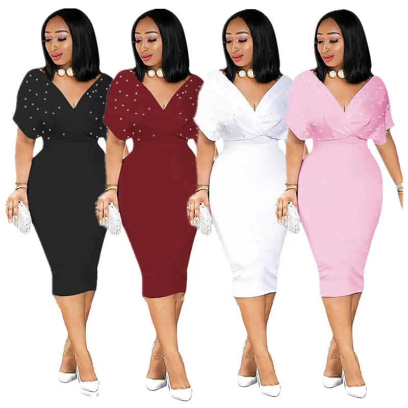2019 Summer Fashion Women Ladies Casual Clothing Round Neck Sleeveless Knee-length Bodycon Slim Pencil Party Dress Women Dress