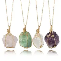 

Fahion Wholesale Wire Wrapped Fluorite Natural Stone Pendant Necklace Handmade Irregular Healing Crystal Collar Necklace Women