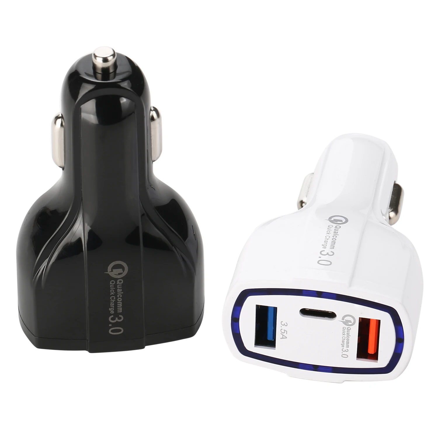 

QC3.0 LED Light USB C Fast Car Charger Qualcomm 3.0 Dual Port USB Car Mobile Phone Charger Adapter For iphone Tablet Pad Charge, Black/white