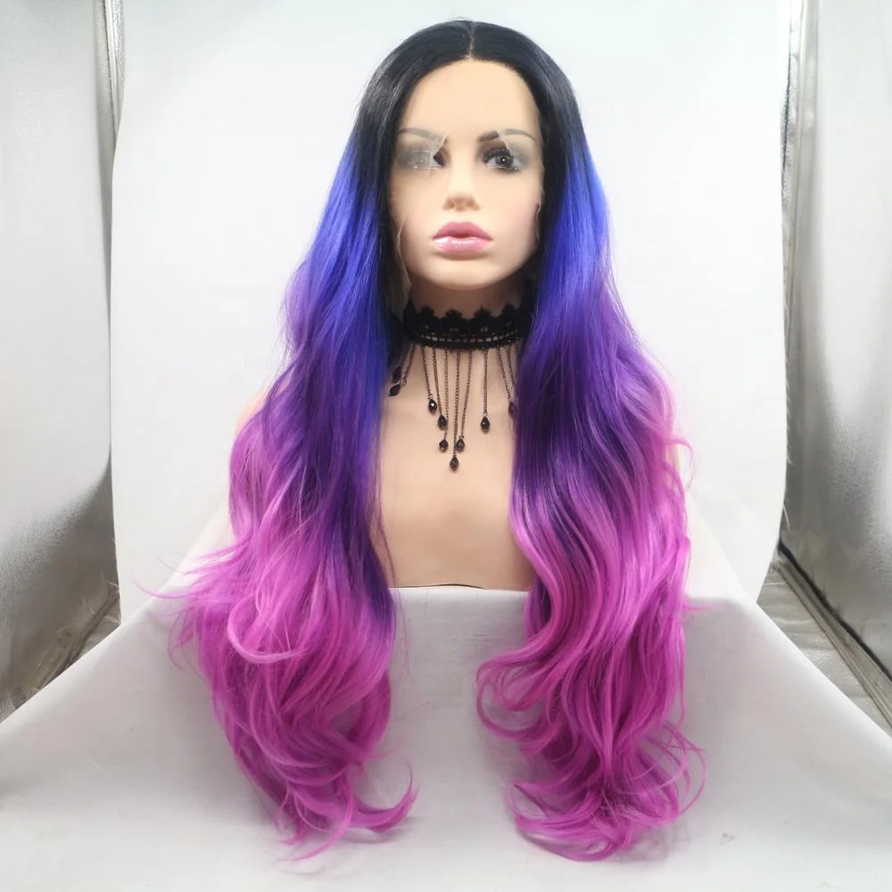 

whosale hair Ombre purple Wig Synthetic Lace Front Glueless Long Natural Black 1B/Gray blue Heat Resistant Hair Wigs