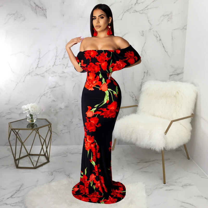 

Sexy strapless long elegant floral printed maxi dress for fat women