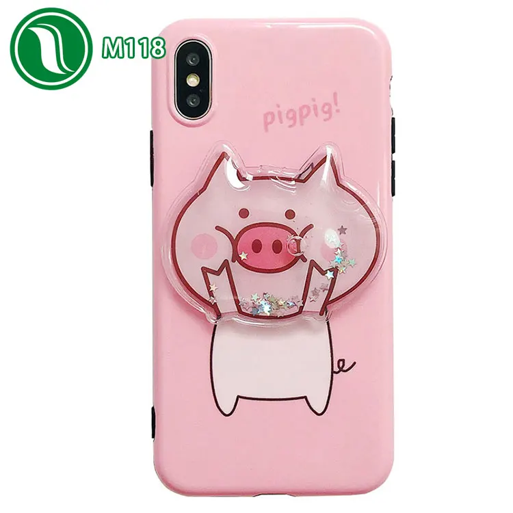 Used decompression stereoscopic pig pattern soft TPU mobile phone case shining liquid glitter flow quicksand case for iPhone 8 X