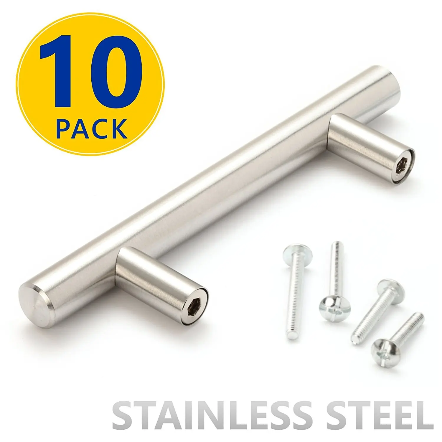 10 Pack | 4" Stainless Steel T Bar Cabinet Pulls: 2-1/2 Inch Hole Spacing | Modern Euro Style Brushed Satin Nickel Finish Kitchen Cabinet Hardware / Dresser Drawer Handles