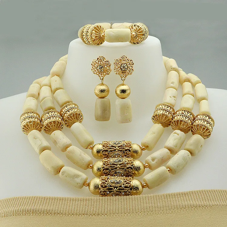 

Queency Luxury Handmade Coral Beads Mixed Gold Necklace Jewelry Set For Wedding, As shown & customized