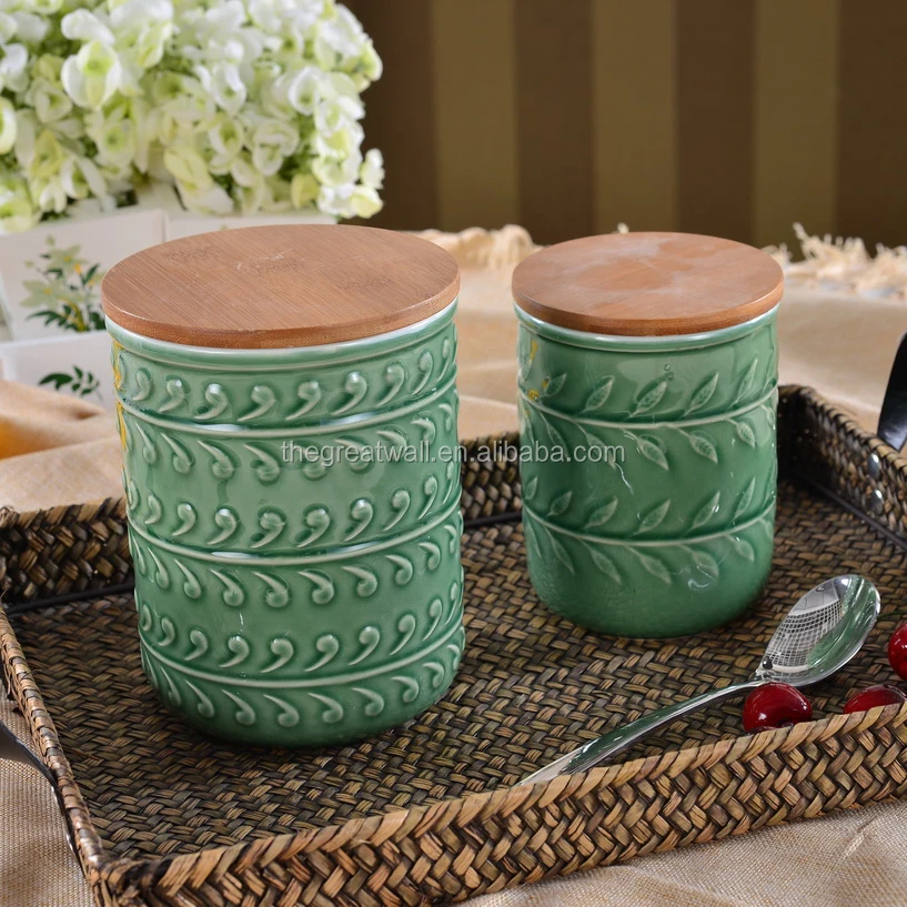 Green Color Ceramic Canister Set With Wooden Lids Buy Ceramic Canister Set With Wooden Lids Green Color Canister Color Canister Set Product On Alibaba Com