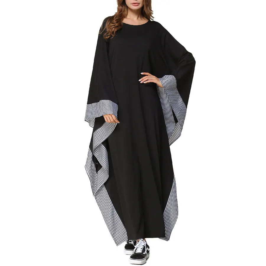 

80730-MX15 loose black maxi cotton prints sleeve women dresses