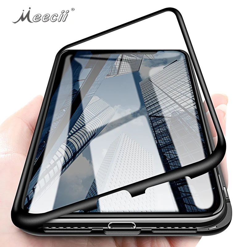 Ultra Thin Tempered Glass Phone Back Cover Metal Bumper Magnetic Phone Case For iPhone X