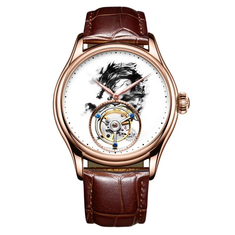 

New High Quality Fashion Luxury gemstone Men Watches Real Tourbillon Watch leather Mechanical Dragon Wristwatch Automatic Clock, 3 colors are available