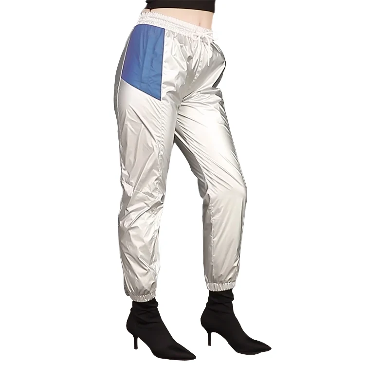 

Low MOQ Woven Reflective Metallic Jogger Pants Women, Red