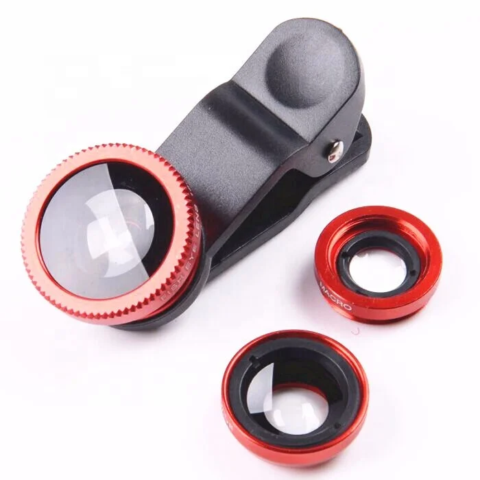 

Good glass Fisheye Lens 3 in 1 Mobile Phone zoom photo Clip Lens Fish Eye Wide Angle Macro Camera Lens for Smartphone, Black , silver ,red,gold,blue