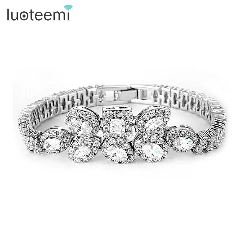 LUOTEEMI Flower Fashion Bridal Jewelry Platinum Plated A AA Cubic Zirconia Diamond Bracelet Luxury