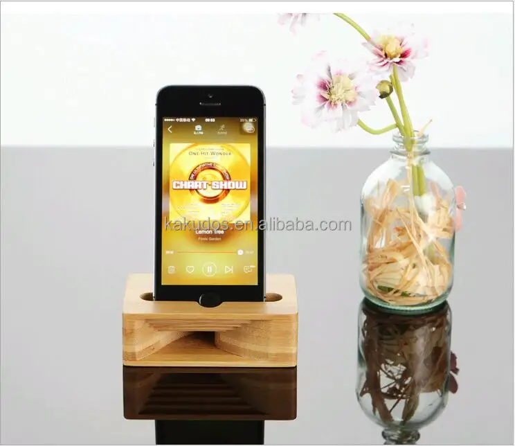 

Bamboo holder with mini cartoon louder speaker, customization logo for mobile phone, Burlywood