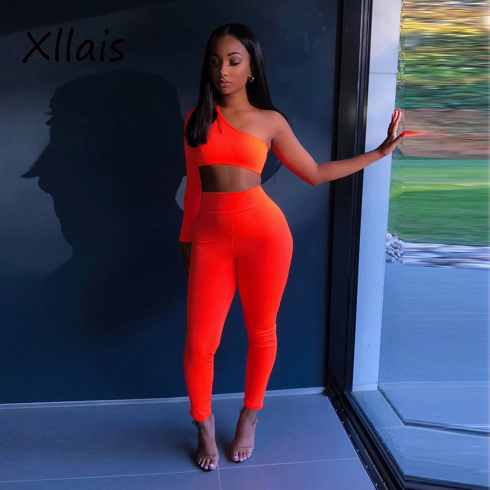 

8039 Two piece set top and pants 2018 one shoulder orange color 2 piece set tracksuit women two piece outfits sexy tweed set, Picture color