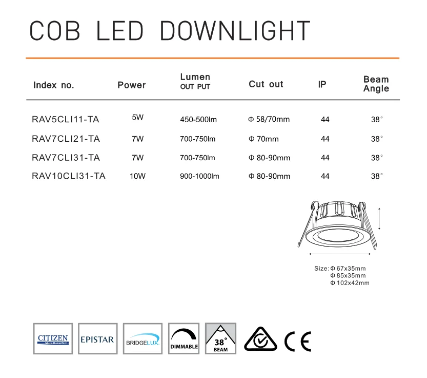 5W COB LED downlight IP44 cut out 58-70mm 450-500lm not twist angle