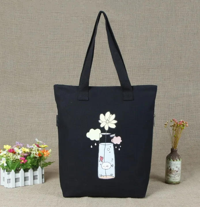 

natural eco fabric black canvas bag with zipper at the side, Colorful