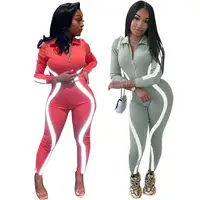 

European hot sale fluorescence patchwork 2 piece set zip up jumpsuit