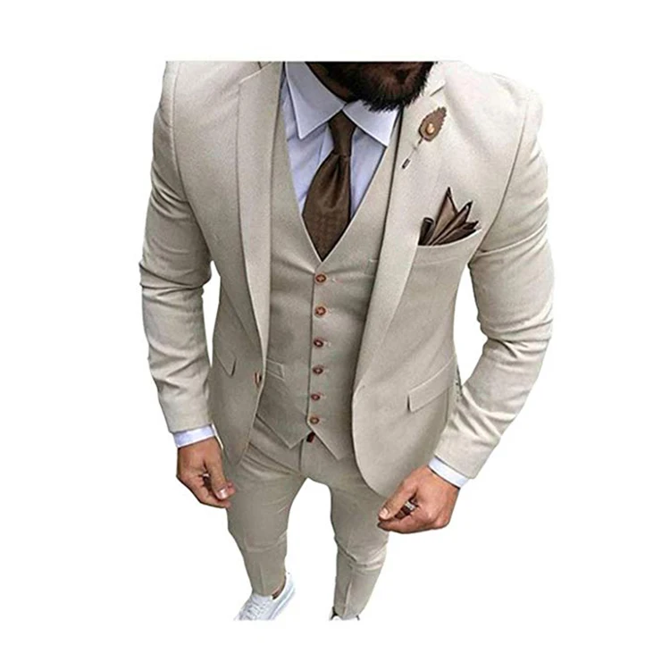 

Men Beige Tan Ivory 3-Pieces Tailored Wedding Notch Lapel Tuxedo Groomsmen Men Slim Fit Blazer Pant Vest Suit, Customized color