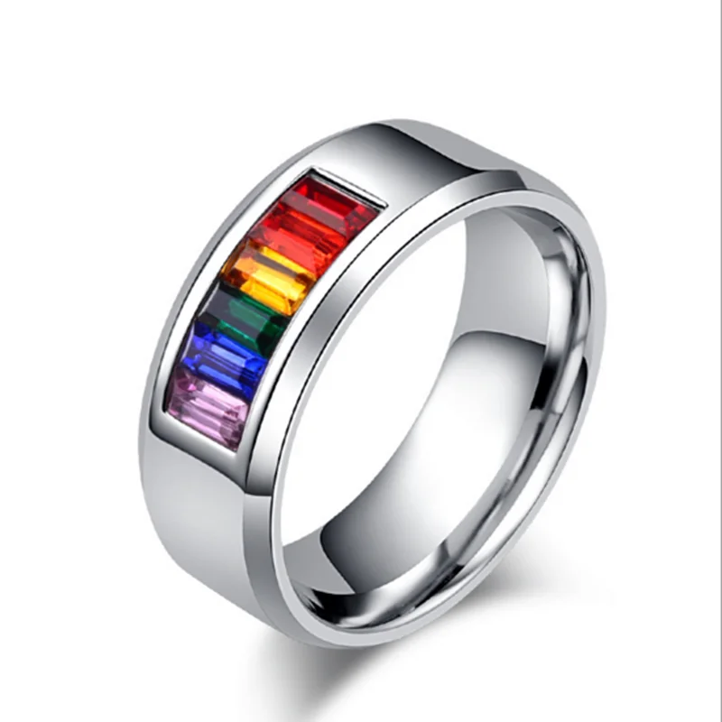

wholesale 316l stainless steel rainbow color crystal gay men wedding rings gay pride rings for mens boys