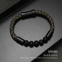 

REAMOR Men Style Retro Black Braided Leather Cord Onyx Stone Bracelet Natural Stone Genuine Leather Bracelet for Men and Women