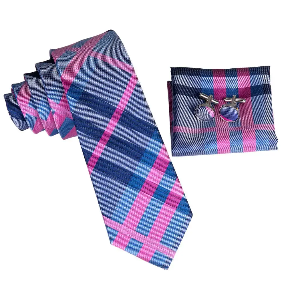 
Silk Slim Necktie Pink Blue Striped Skinny Neck Ties Pocket Square Cufflinks Set 