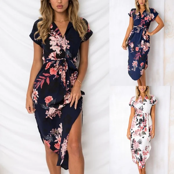 

short Sleeve Floral Print Elegant Dress Drawstring Waist Slim Party Beach Maxi Dress