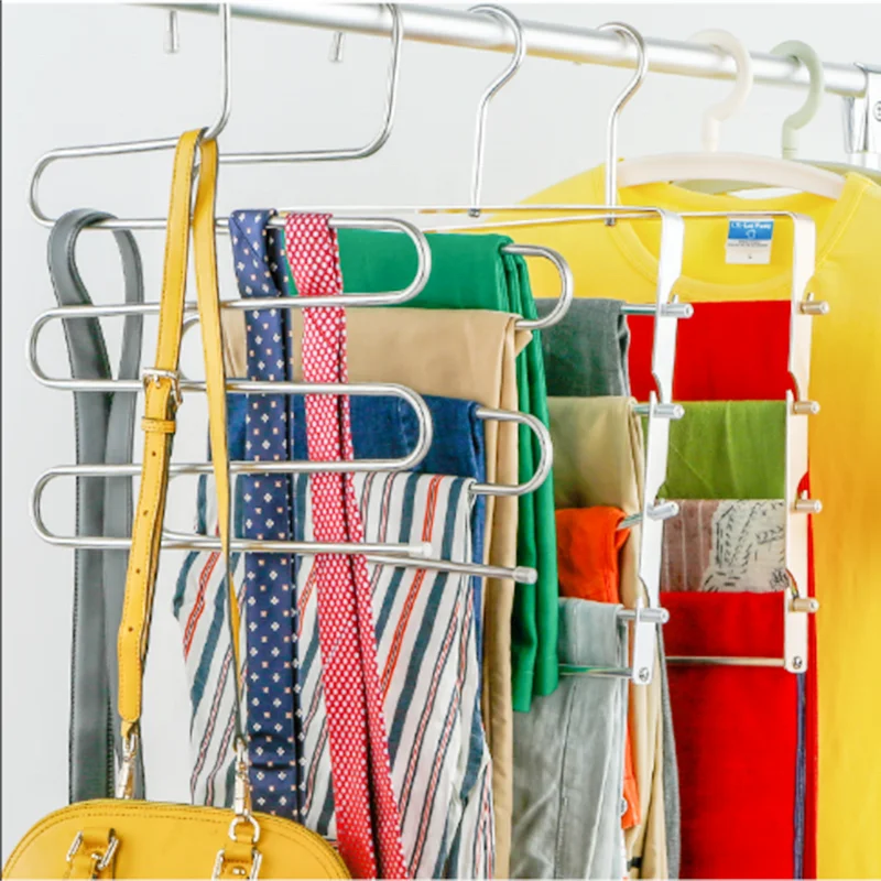 

Metal Garment Laundry Clothes S Shaped Hooks Hanger Multifunctional Trousers Rack 5-Tier Pants Hanger, Silver or golden