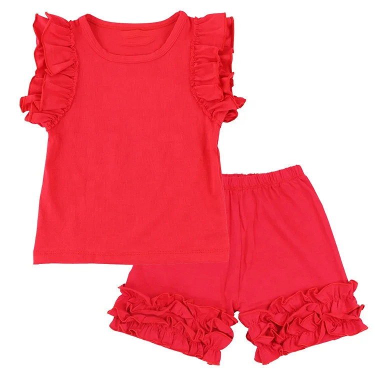 
Bulk wholesale children boutique Outfits Cute Kids clothing sets Summer Solid Ruffle Short Sets baby girls coming home outfit 