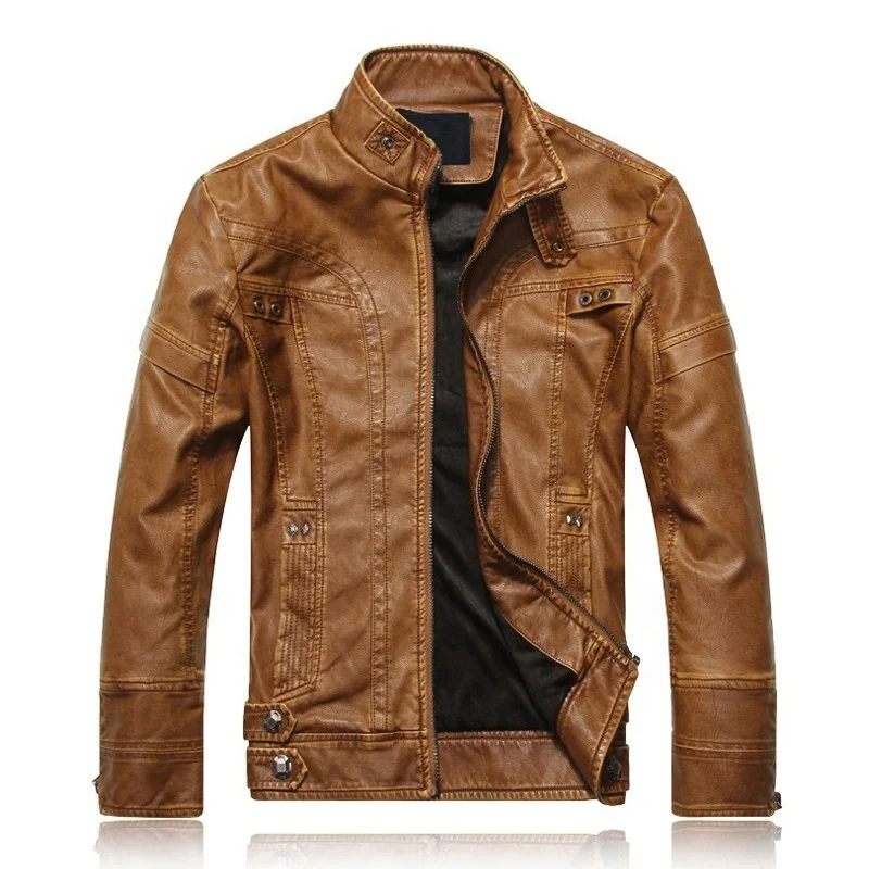 

Wholesale Plain Plus Size 4xl High Quality Zipper Leather Jacket Biker Men, Black;yellow;brown